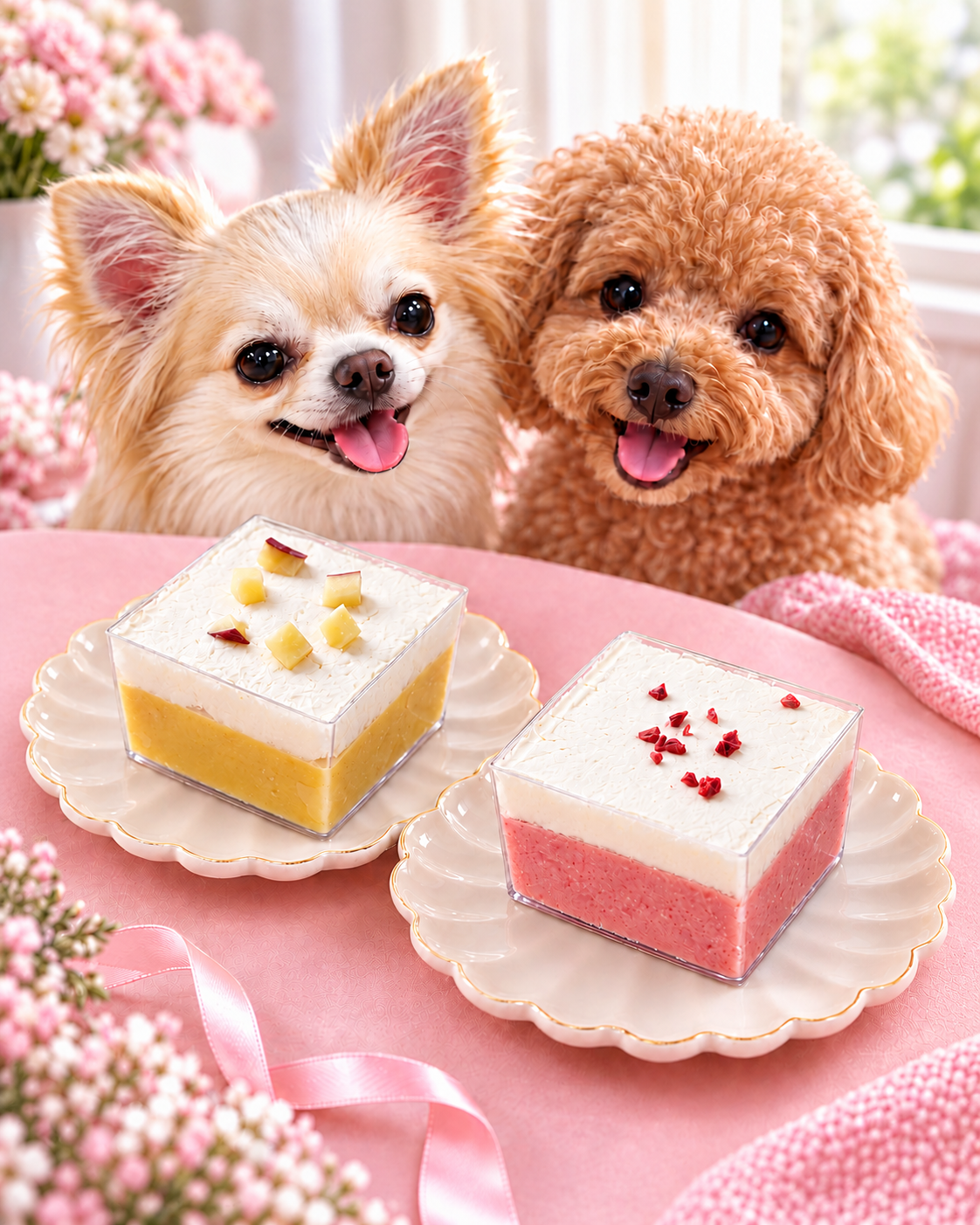 プリンを楽しみにするチワワとトイプードル