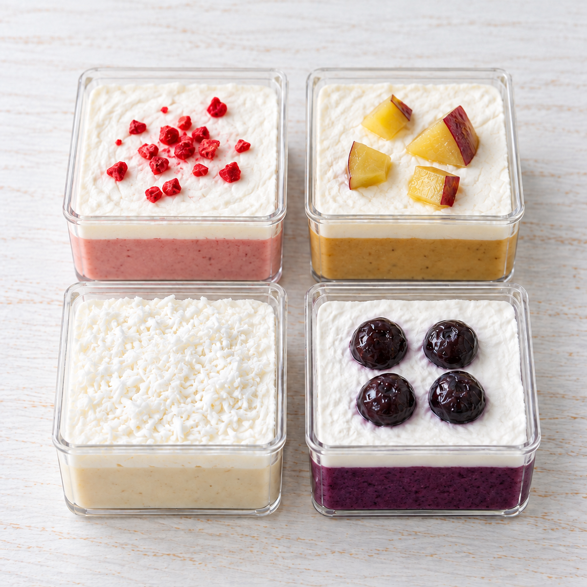 4つの味のお試しセット・蓋を開けたいちご、さつまいも、ココナッツヨーグルト、ブルーベリー