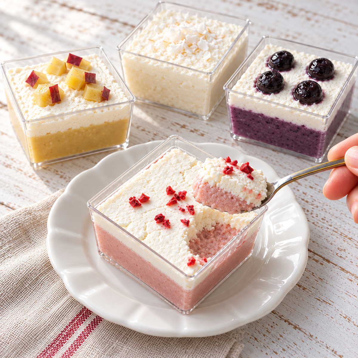 4つの味のお試しセット・いちごプリンケーキをスプーンですくうイメージ