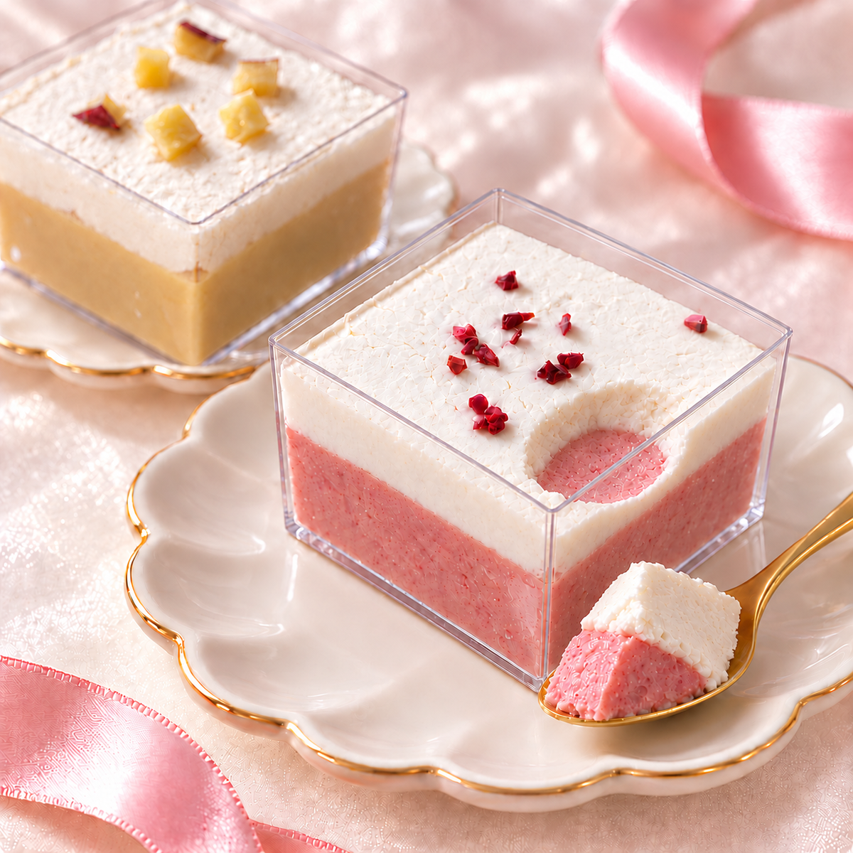 プリンケーキのクリームといちごの接写