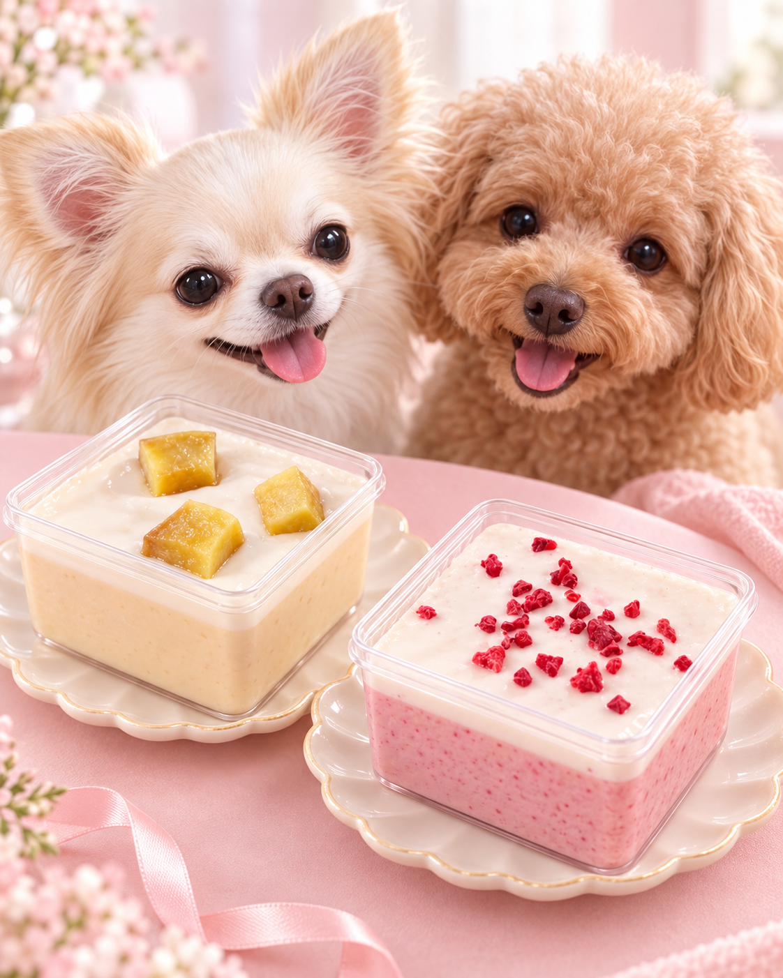 プリンケーキを見つめるチワワとトイプードルのイメージ